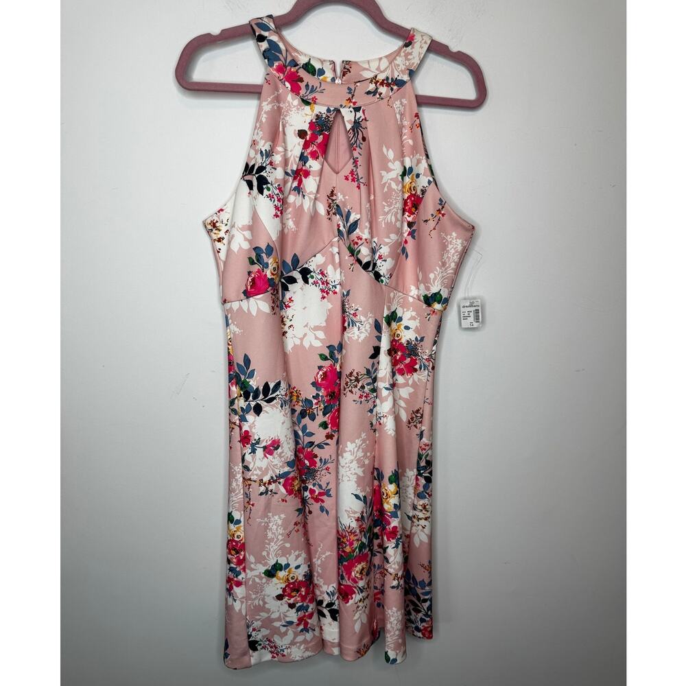 Dressbarn Pink Floral Halter Midi Dress Keyhole Neckline Womens Size 14
